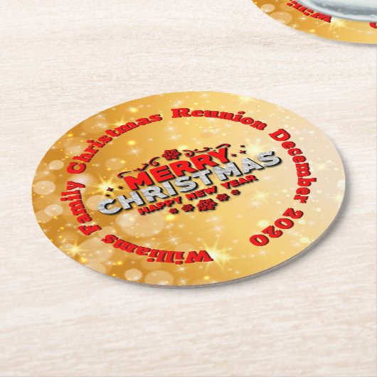 名前の年を追加Merry Christmasに一致 ラウンドペーパーコースター (アングル)