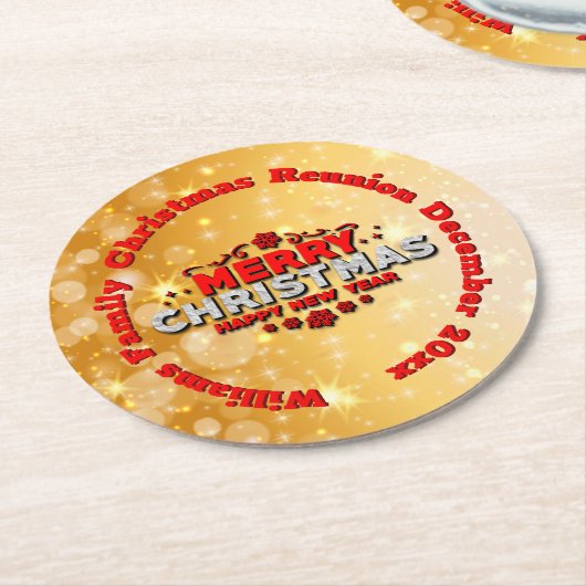 名前の年を追加Merry Christmasに一致 ラウンドペーパーコースター (アングル)