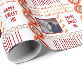 名前の年齢の写真ちょうど馬を愛する女の子赤 ラッピングペーパー