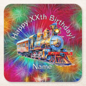 名前の年齢、蒸気列車の誕生日パーティーを追加 スクエアペーパーコースター (正面)