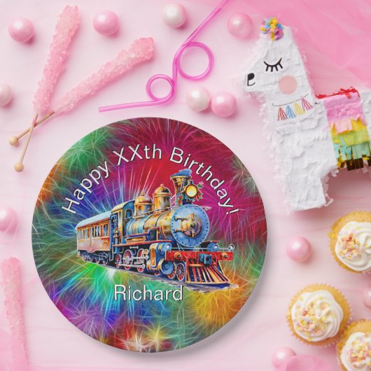 名前の年齢、蒸気列車の誕生日パーティーを追加 ペーパープレート (パーティー)