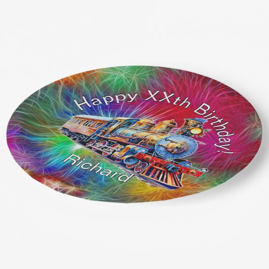 名前の年齢、蒸気列車の誕生日パーティーを追加 ペーパープレート (アングル)