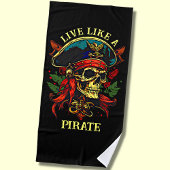 名前の文字を追加、黒いビーチで海賊のように生きる ビーチタオル