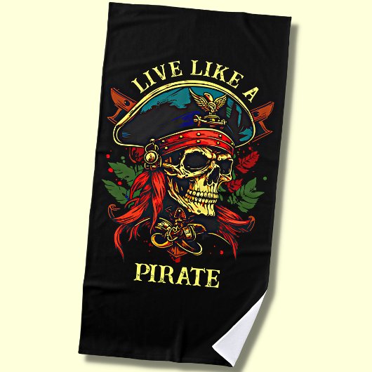 名前の文字を追加、黒いビーチで海賊のように生きる ビーチタオル