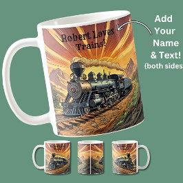 名前の文字、夕日の蒸気列車を追加 コーヒーマグカップ