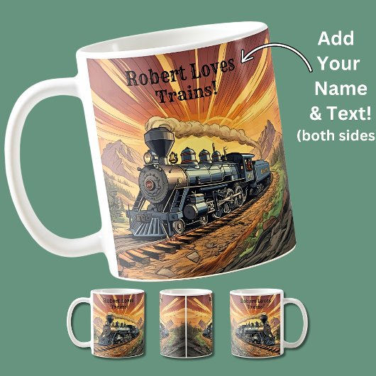 名前の文字、夕日の蒸気列車を追加 コーヒーマグカップ