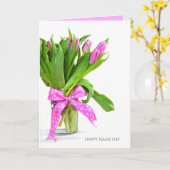 名前の日に使うピンクのチューリップ花束 カード (黄色い花)