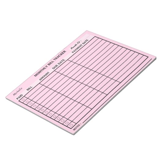 名前の月次請求トラッカーの追加パーソナライズされた ノートパッド (アングル)