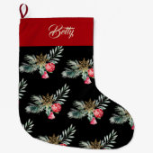 名前の水の色の葉の緑の赤いベル北欧 ラージクリスマスストッキング (正面)