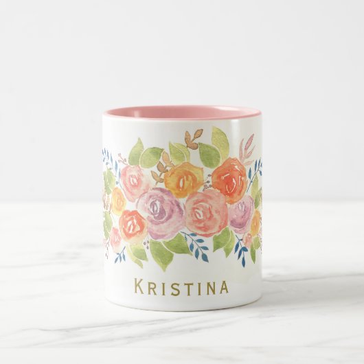 名前の水彩画のバラのリース ツートーンマグカップ (中央)