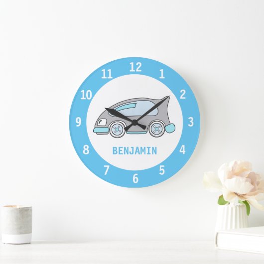 名前の男の子のためのかわいいレースカーの柱時計 ラージ壁時計 (ホーム)