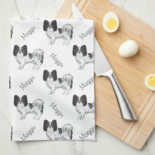 名前の白黒パピヨン犬の模様 キッチンタオル