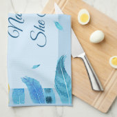 名前の編集文字彼女はBoho Blue Featherを流した キッチンタオル (四つ折り)