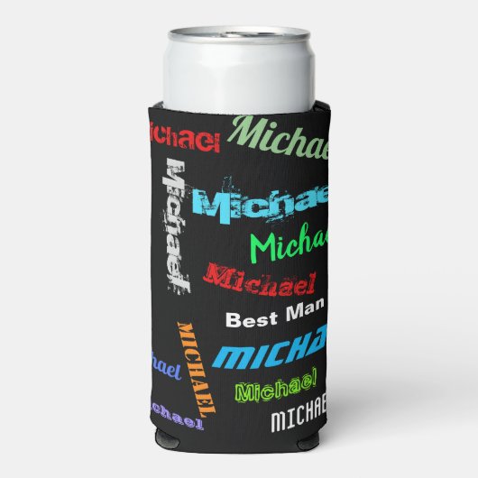 名前の繰り返し花婿介添人またはその他のカスタム文字 スリム缶クーラー (Seltzer正面)