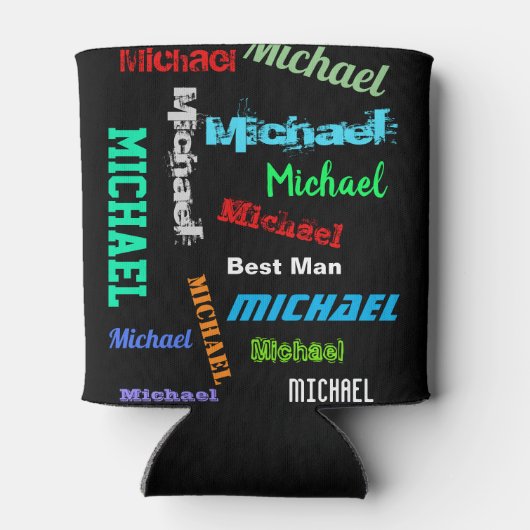 名前の繰り返し花婿介添人またはその他のカスタム文字 缶クーラー (裏面)