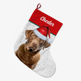 名前の背景の付いたクリスマスレトリエバー犬 ラージクリスマスストッキング
