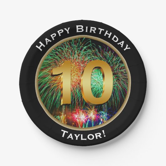 名前の花火の幸せな第10第10誕生日 ペーパープレート (正面)