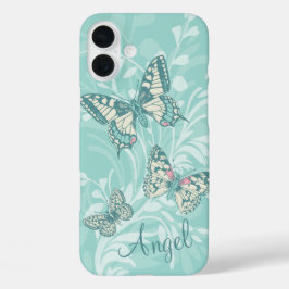 名前の蝶フローラティール（緑がかった色）の電話ケースの追加 iPhone 16 PLUSケース