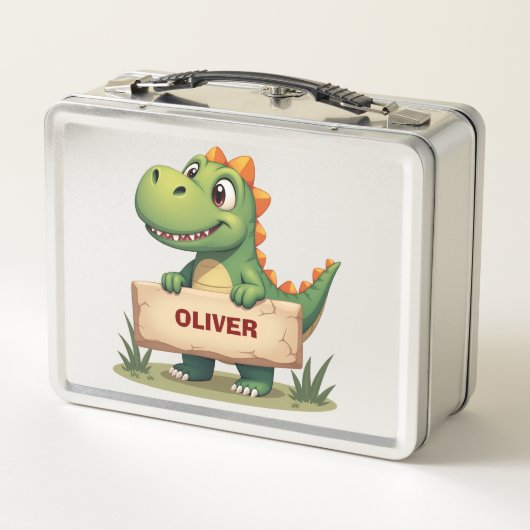 名前の記号がついたかわいいパーソナライズされた恐竜 メタルランチボックス (裏面)