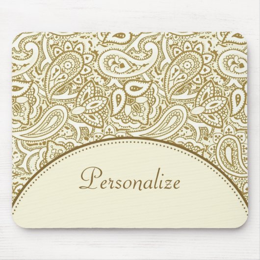 名前の贅沢な金ゴールドそしてアイボリーのペイズリーのダマスク織 マウスパッド (正面)