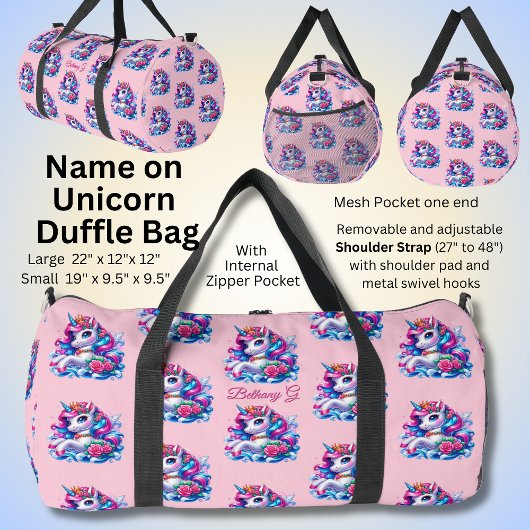 名前の追加イニシャル、ピンクと青のユニコーン ダッフルバッグ