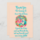 名前の追加エイジピンクマーメイドブルーテール誕生日パーティー サンキューカード (正面/裏面)