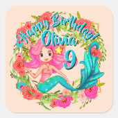 名前の追加エイジピンクマーメイドブルーテール誕生日パーティー スクエアシール (正面)