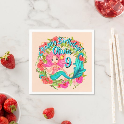名前の追加エイジピンクマーメイドブルーテール誕生日パーティー スタンダードカクテルナプキン (インサイチュ)
