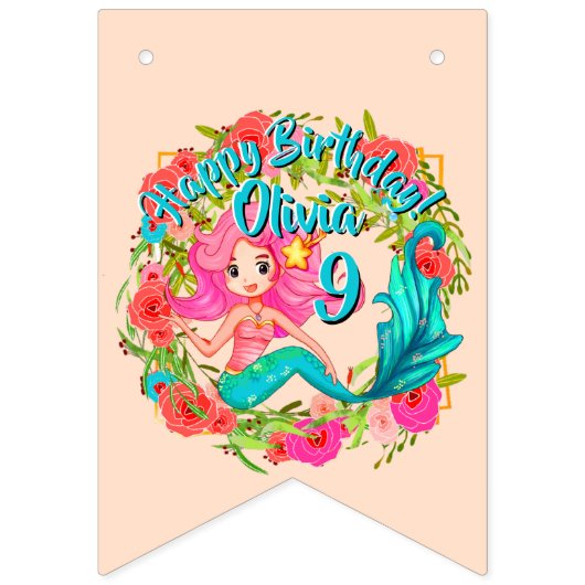 名前の追加エイジピンクマーメイドブルーテール誕生日パーティー バンティングフラッグ (第1の旗)
