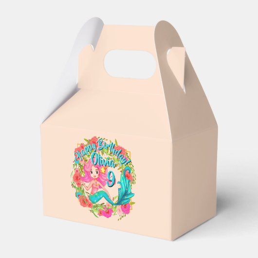 名前の追加エイジピンクマーメイドブルーテール誕生日パーティー フェイバーボックス (正面サイド)