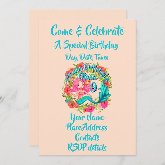 名前の追加エイジピンクマーメイドブルーテール誕生日パーティー 招待状 (正面/裏面)