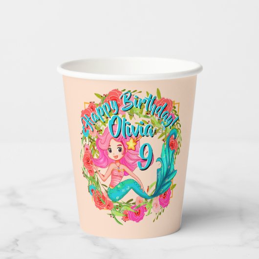 名前の追加エイジピンクマーメイドブルーテール誕生日パーティー 紙コップ (裏面)