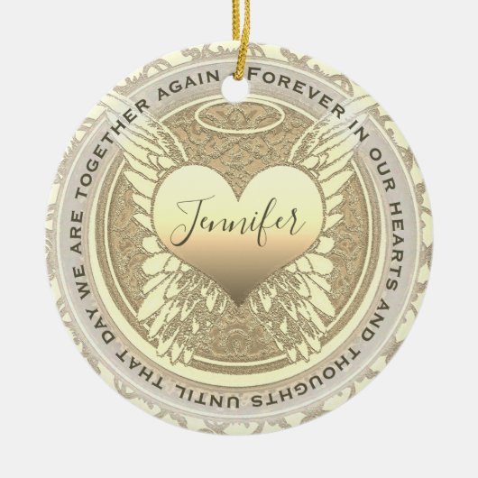 名前の追加エンジェルウィングスとハートメモリアル セラミックオーナメント (正面)