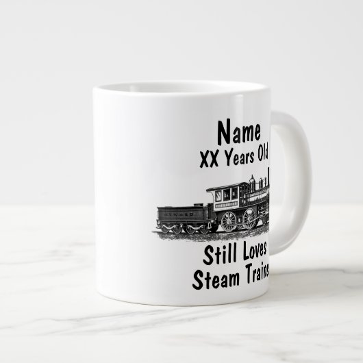 名前の追加エージパーソナライズされたスチーム誕生日 ジャンボコーヒーマグカップ (正面右)