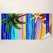 名前の追加カラフルビーチ波状手のひらツリー&ヒトデ ビーチタオル (正面)