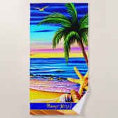 名前の追加カラフルビーチ波状手のひらツリー&ヒトデ ビーチタオル (正面)