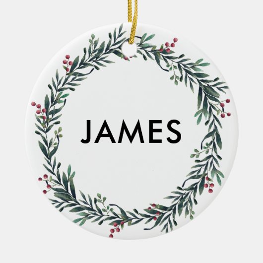 名前の追加クリスマスリース パーソナライズされた セラミックオーナメント (正面)