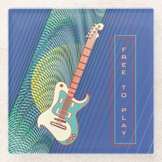 名前の追加クールモダンティール(緑がかった色)&ブルーエレキギター ガラスコースター (正面)