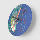 名前の追加クールモダンティール（緑がかった色）&ブルーエレキギター ラウンド壁時計 (傾斜)
