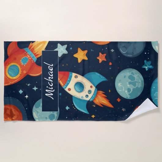 名前の追加クールロケット宇宙と惑星 ビーチタオル (正面)