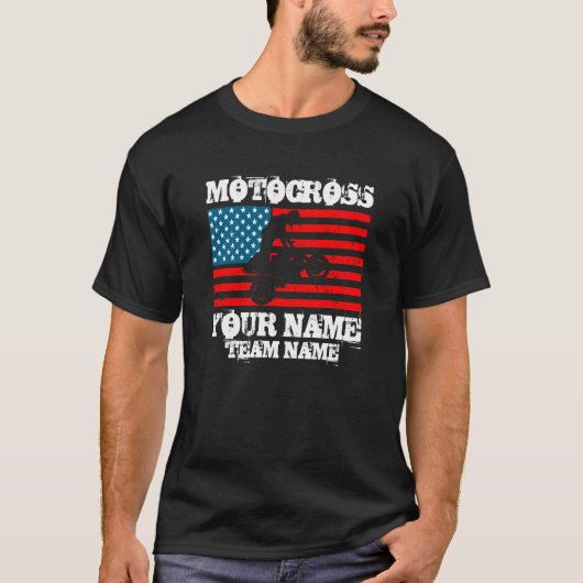 名前の追加チーム名etc MOTOCROSSライダーUSAフラグ Tシャツ (正面)