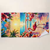 名前の追加トロピカルフラワーズ&フラミンゴ ビーチタオル (正面)