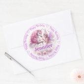 名前の追加ハッピーバースデー妖精&ユニコーン ラウンドシール (封筒)