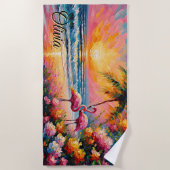 名前の追加ビーチサンセットフラミンゴズトロピカルフラワー ビーチタオル (正面)