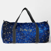 名前の追加ブラックブルーと金ゴールド星銀河系 ダッフルバッグ (正面)