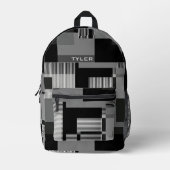 名前の追加ブラック&グレーの抽象芸術メモダンンミニマル プリントバックパック (正面)