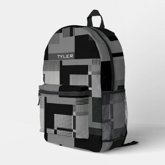 名前の追加ブラック&グレーの抽象芸術メモダンンミニマル プリントバックパック (裏面右端)
