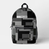 名前の追加ブラック&グレーの抽象芸術メモダンンミニマル プリントバックパック (正面)