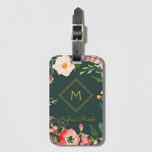 名前の追加モダンパーソナライズされたエレガントフローラ金ゴールド ラゲッジタグ (正面縦)