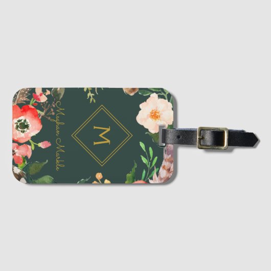 名前の追加モダンパーソナライズされたエレガントフローラ金ゴールド ラゲッジタグ (正面横)